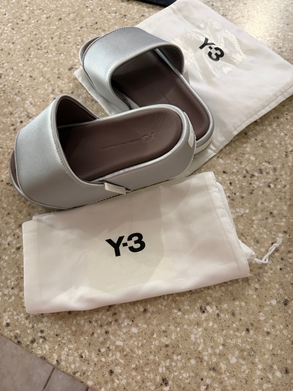 Y-3 Silver Slip-On Clogs with Brown Footbed